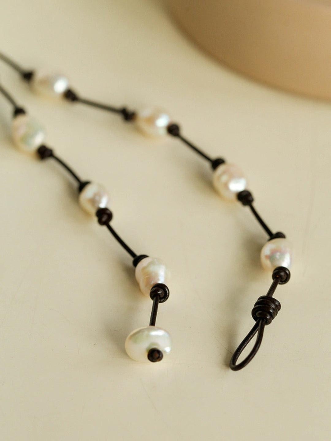 Long Handmade Leather Rope Natural Pearl Necklace - Gembea Jewelry