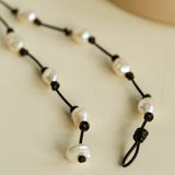 Long Handmade Leather Rope Natural Pearl Necklace - Gembea Jewelry