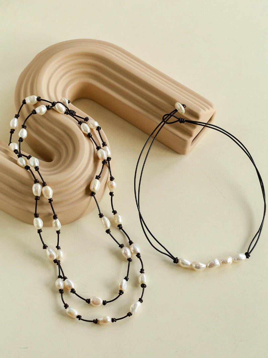 Long Handmade Leather Rope Natural Pearl Necklace - Gembea Jewelry