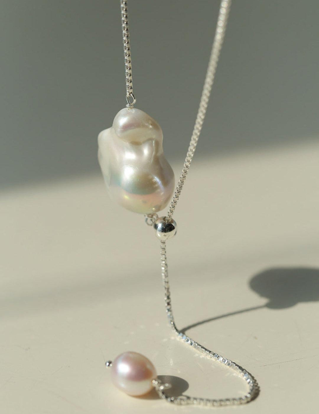 Long Pull Sterling Silver Chain Baroque Necklace - Gembea Jewelry