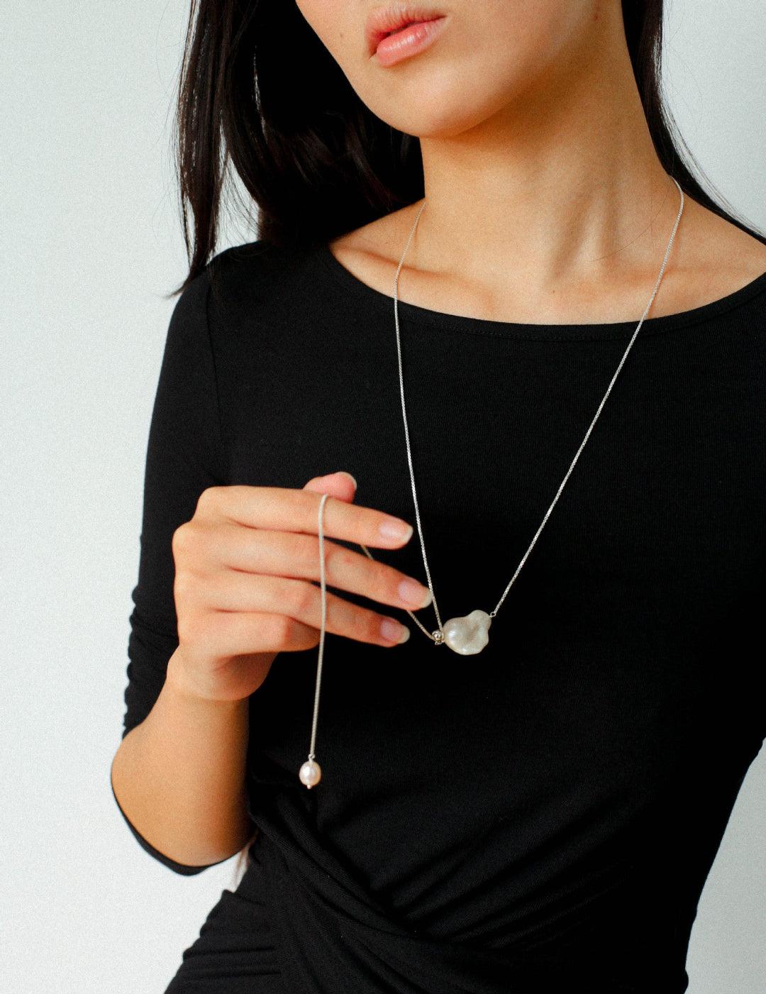 Long Pull Sterling Silver Chain Baroque Necklace - Gembea Jewelry