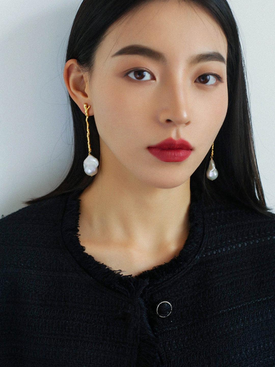 Long Tree Branch Baroque Drop Earrings - Gembea Jewelry