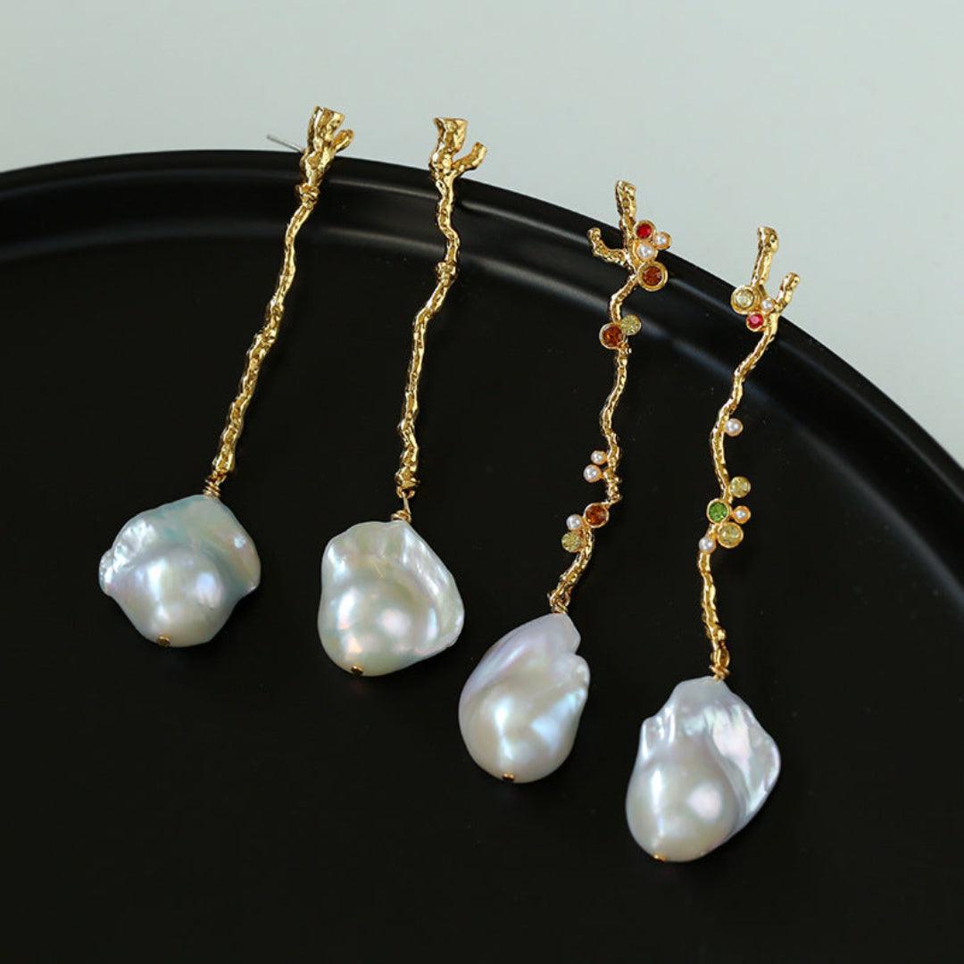 Long Tree Branch Baroque Drop Earrings - Gembea Jewelry