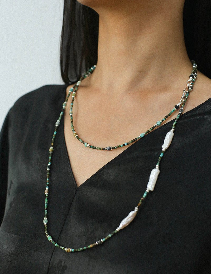 Long Turquoise Baroque Pearl Beaded Necklace