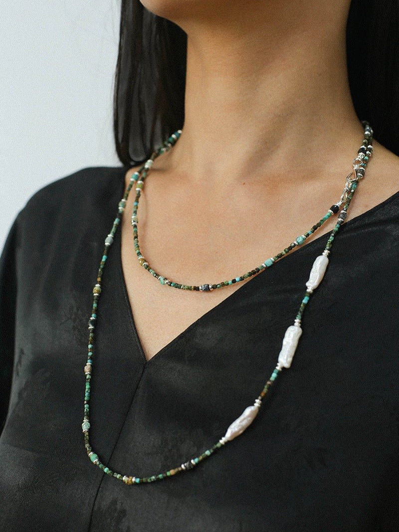 Long Turquoise Baroque Pearl Beaded Necklace