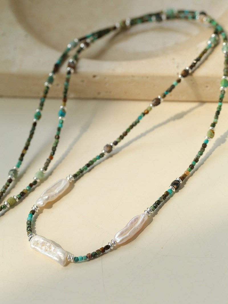 Long Turquoise Baroque Pearl Beaded Necklace