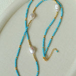 Long Turquoise Gold Bead Baroque Pearl Necklace gembea jewelry