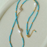 Long Turquoise Gold Bead Baroque Pearl Necklace gembea jewelry