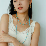 Long Turquoise Gold Bead Baroque Pearl Necklace gembea jewelry