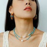 Long Turquoise Gold Bead Baroque Pearl Necklace gembea jewelry