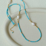 Long Turquoise Gold Bead Baroque Pearl Necklace gembea jewelry
