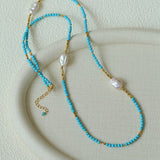 Long Turquoise Gold Bead Baroque Pearl Necklace gembea jewelry