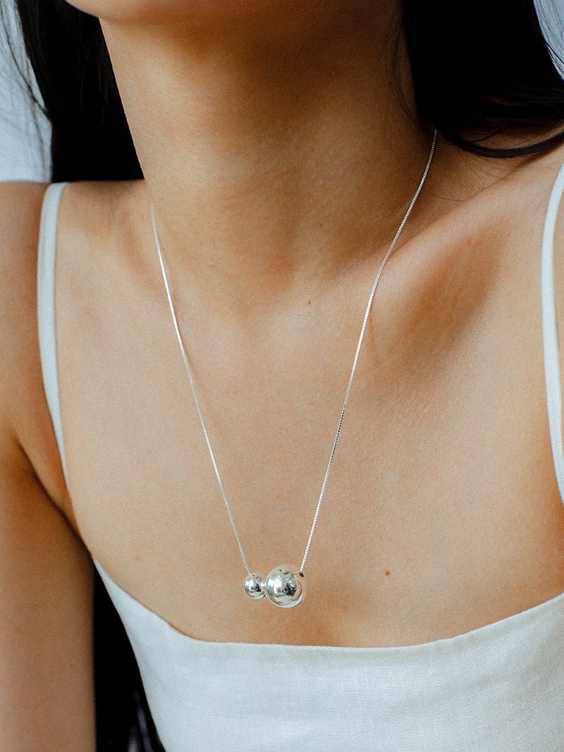 Long Twin Sphere Sterling Silver Necklace gembea jewelry