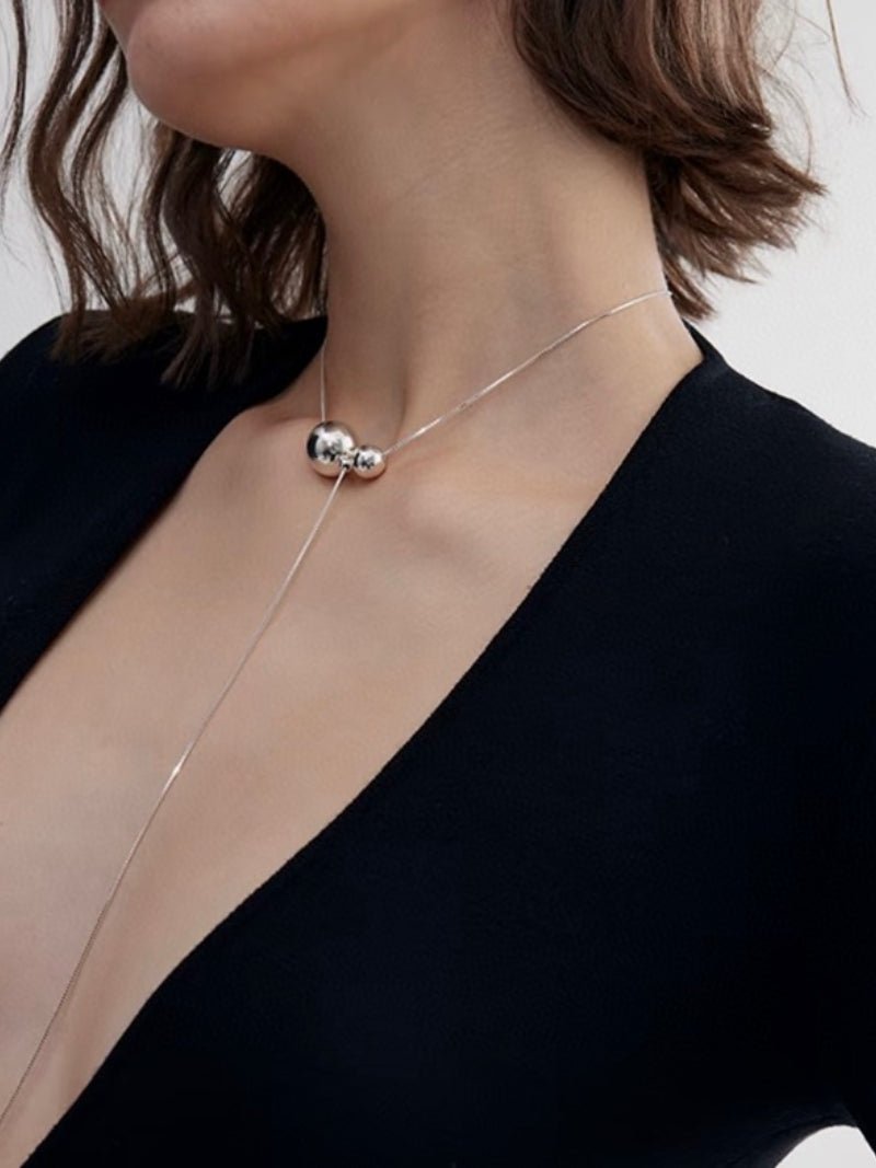 Long Twin Sphere Sterling Silver Necklace gembea jewelry