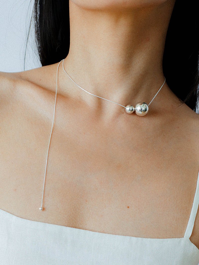Long Twin Sphere Sterling Silver Necklace gembea jewelry