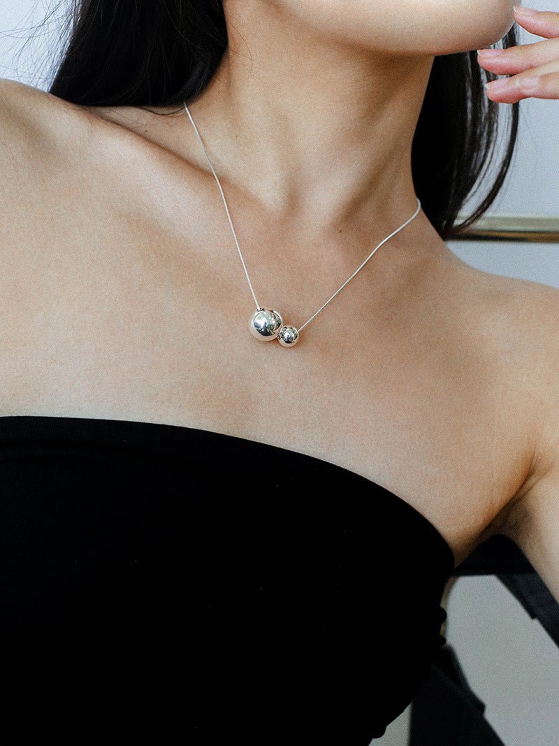 Long Twin Sphere Sterling Silver Necklace gembea jewelry