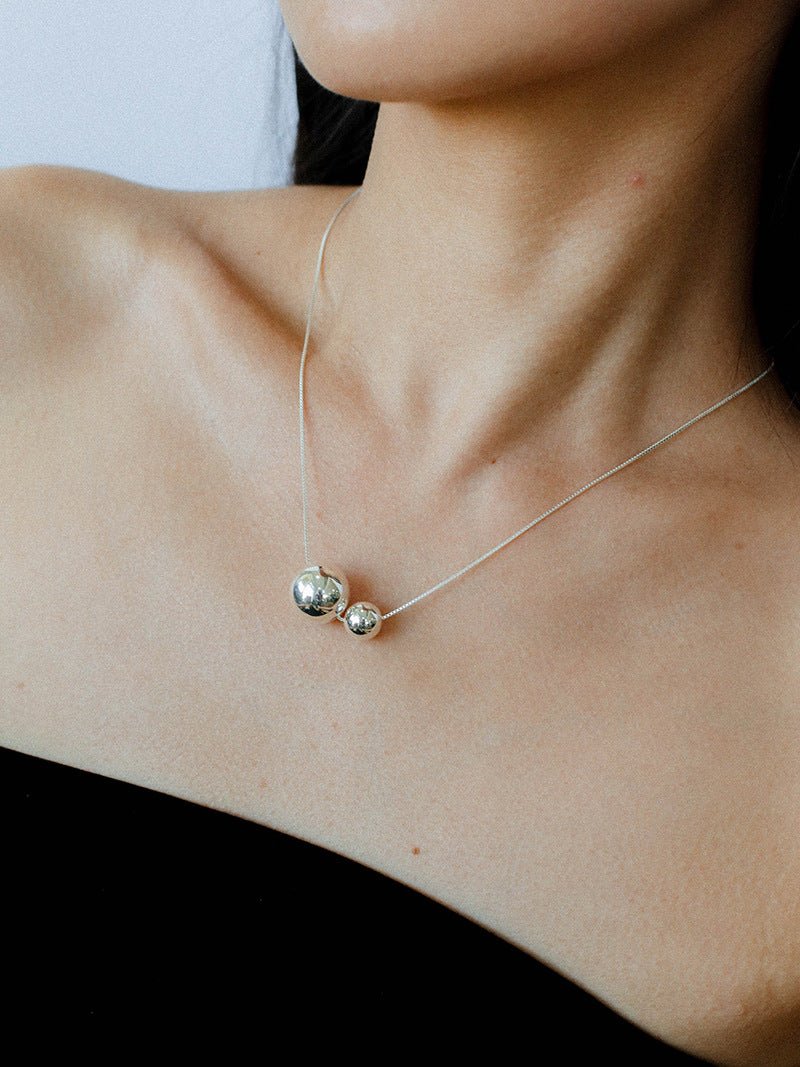 Long Twin Sphere Sterling Silver Necklace gembea jewelry