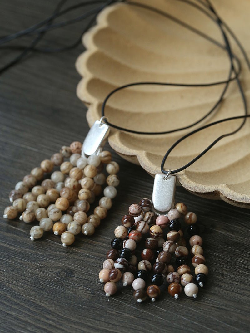 Long Zebra Stone Tassel Pendant Necklace gembea jewelry