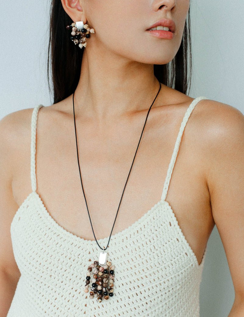 Long Zebra Stone Tassel Pendant Necklace gembea jewelry