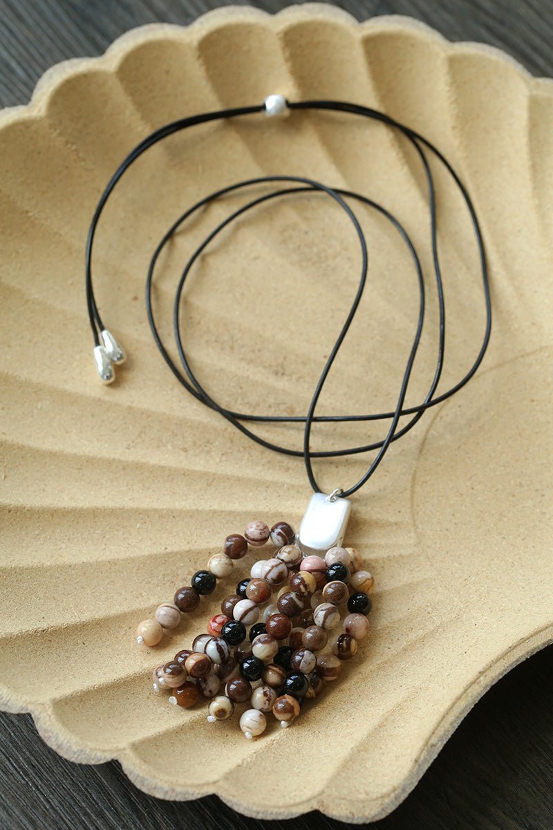 Long Zebra Stone Tassel Pendant Necklace gembea jewelry