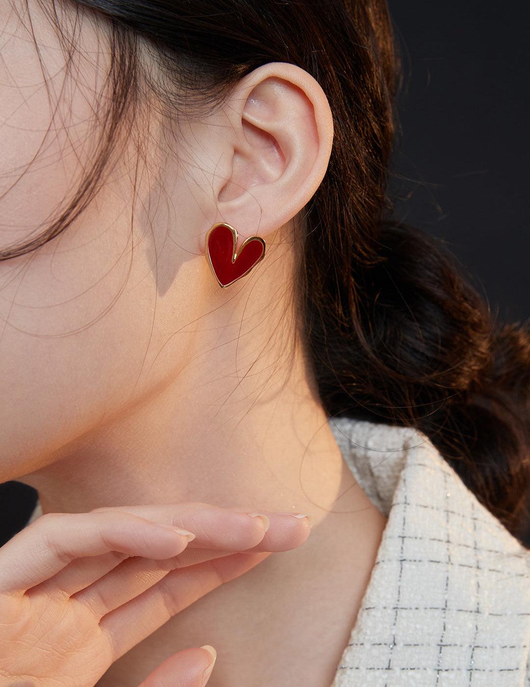 Love Red Drop Glaze Enamel Stud Earrings - Gembea Jewelry