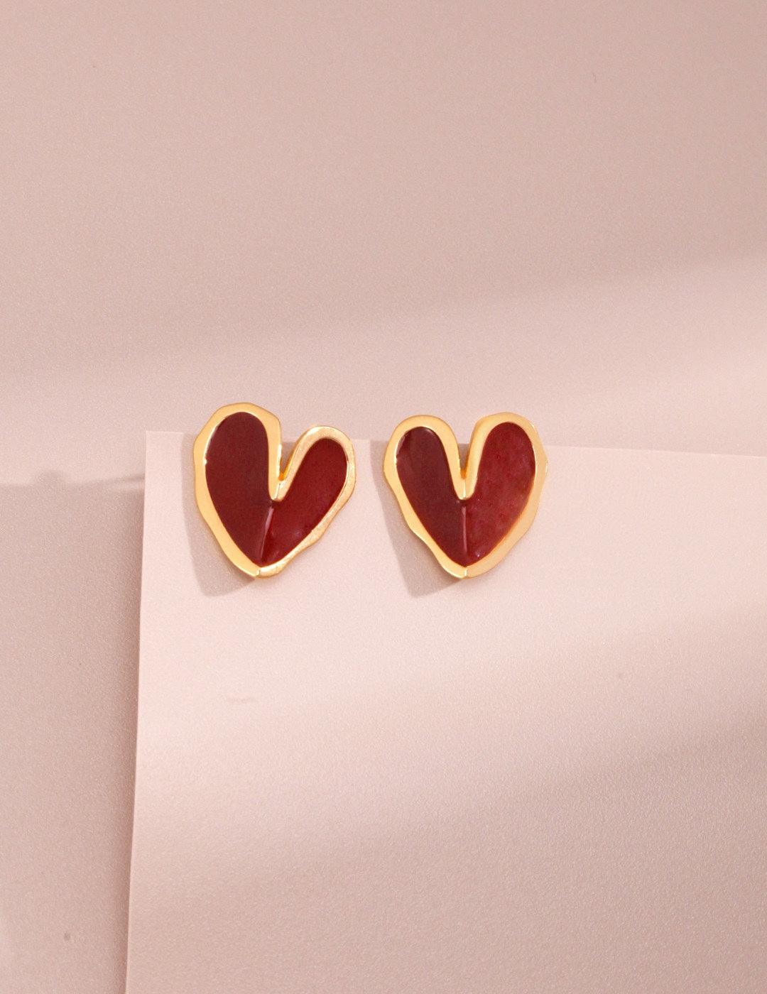Love Red Drop Glaze Enamel Stud Earrings - Gembea Jewelry
