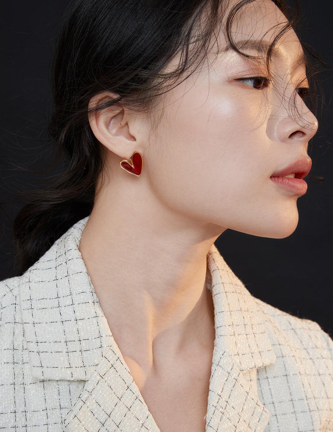 Love Red Drop Glaze Enamel Stud Earrings - Gembea Jewelry