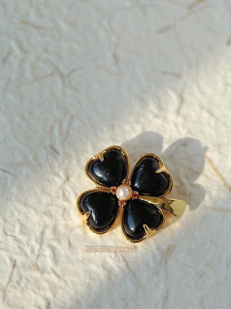 Lucky Clover Black Agate Brooch gembea jewelry
