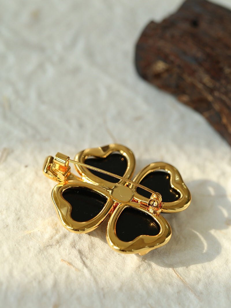 Lucky Clover Black Agate Brooch gembea jewelry
