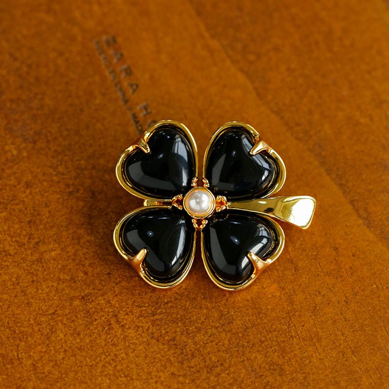 Lucky Clover Black Agate Brooch gembea jewelry