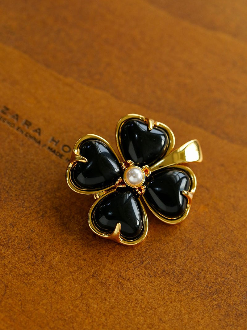 Lucky Clover Black Agate Brooch gembea jewelry