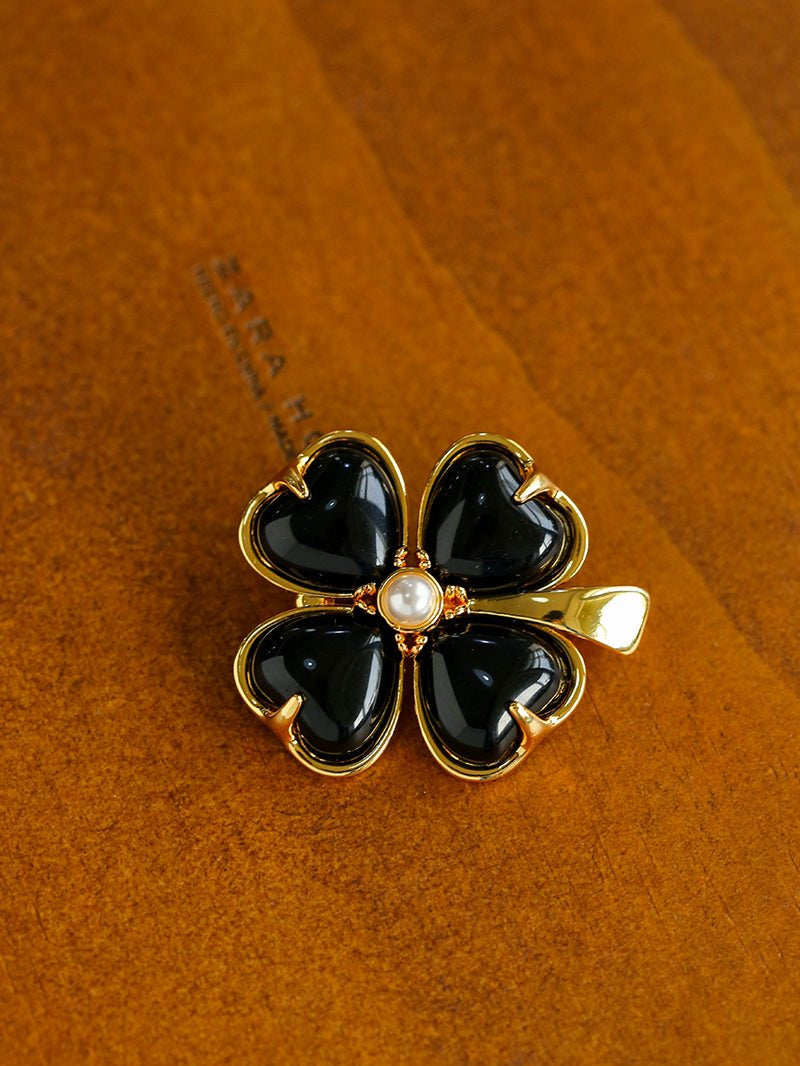 Lucky Clover Black Agate Brooch gembea jewelry
