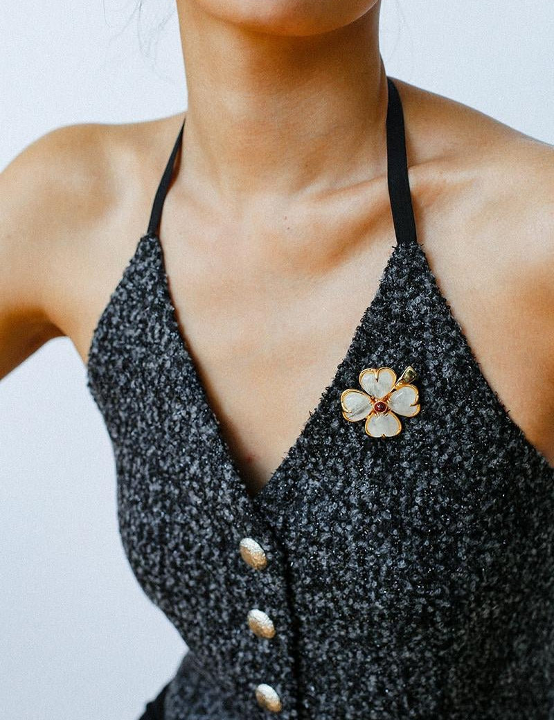 Lucky Four-leaf Clover White Crystal Brooch GEMBEA jewelry