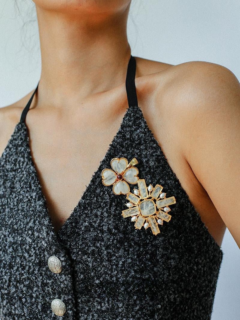 Lucky Four-leaf Clover White Crystal Brooch GEMBEA jewelry