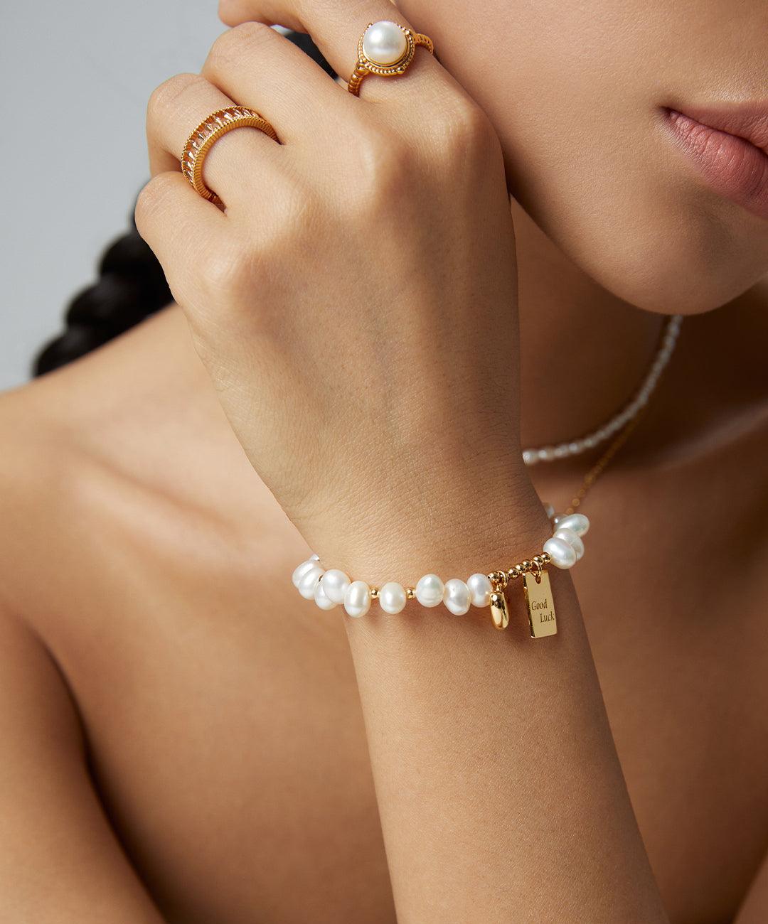 Lucky Letter Heart Gold Pearl Beaded Bracelet - Gembea Jewelry