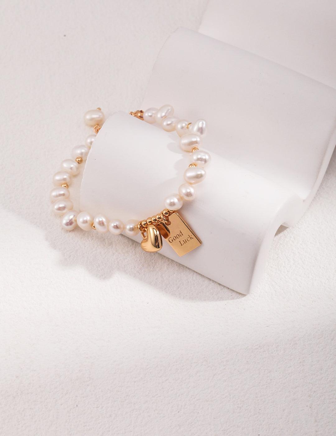 Lucky Letter Heart Gold Pearl Beaded Bracelet - Gembea Jewelry