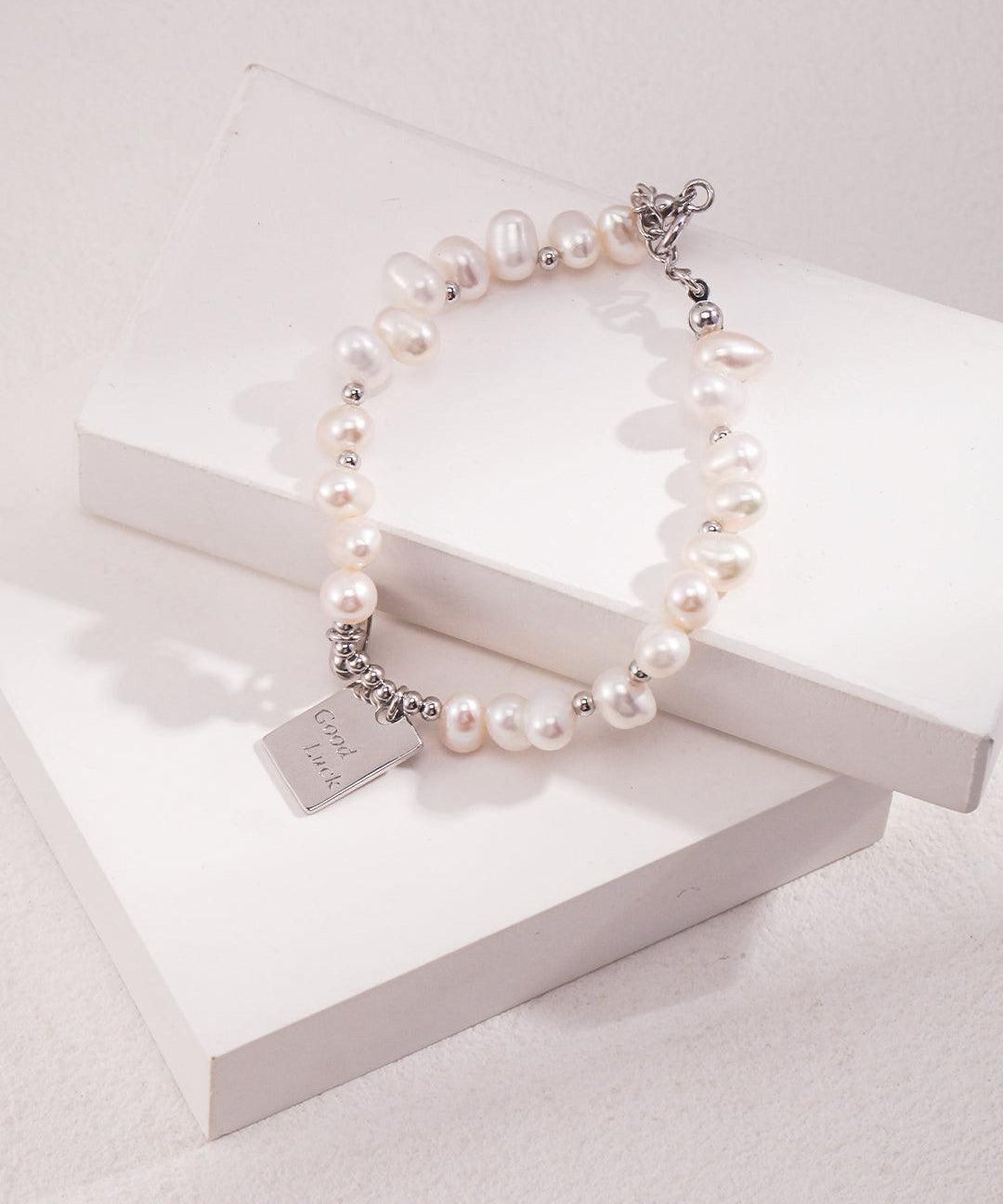 Lucky Letter Heart Gold Pearl Beaded Bracelet - Gembea Jewelry