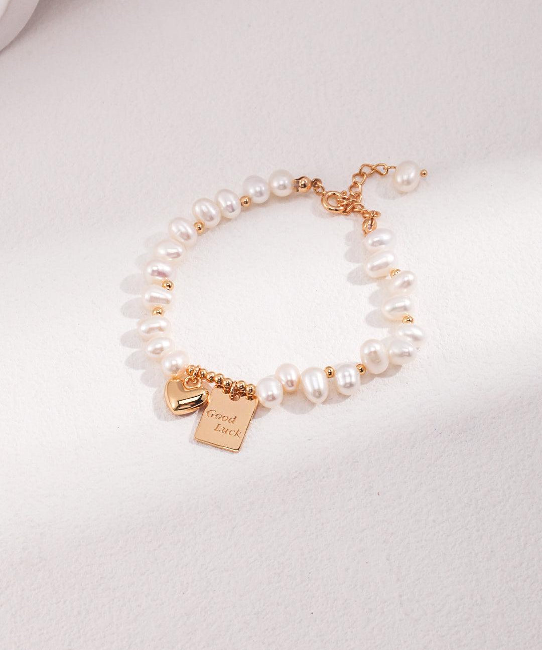 Lucky Letter Heart Gold Pearl Beaded Bracelet - Gembea Jewelry