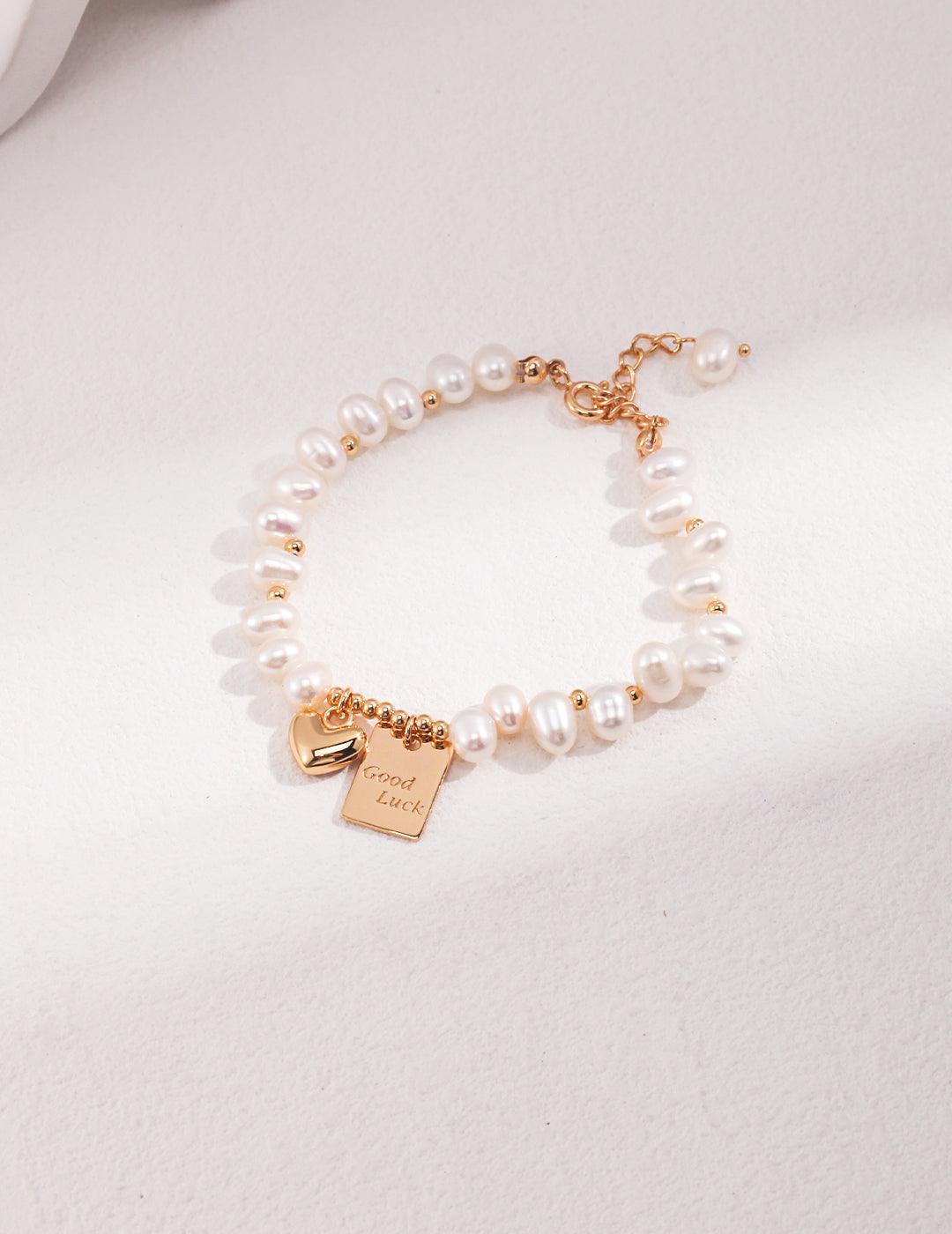 Lucky Letter Heart Gold Pearl Beaded Bracelet - Gembea Jewelry