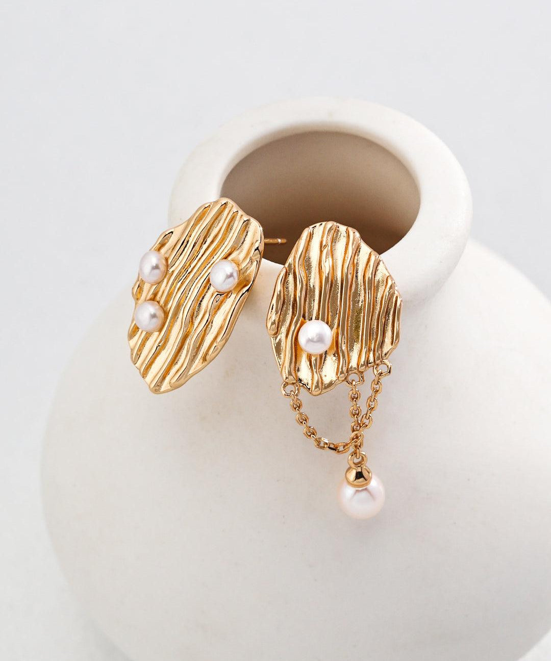 Luxury Irregular 18k Gold Chain Pearl Earrings - Gembea Jewelry