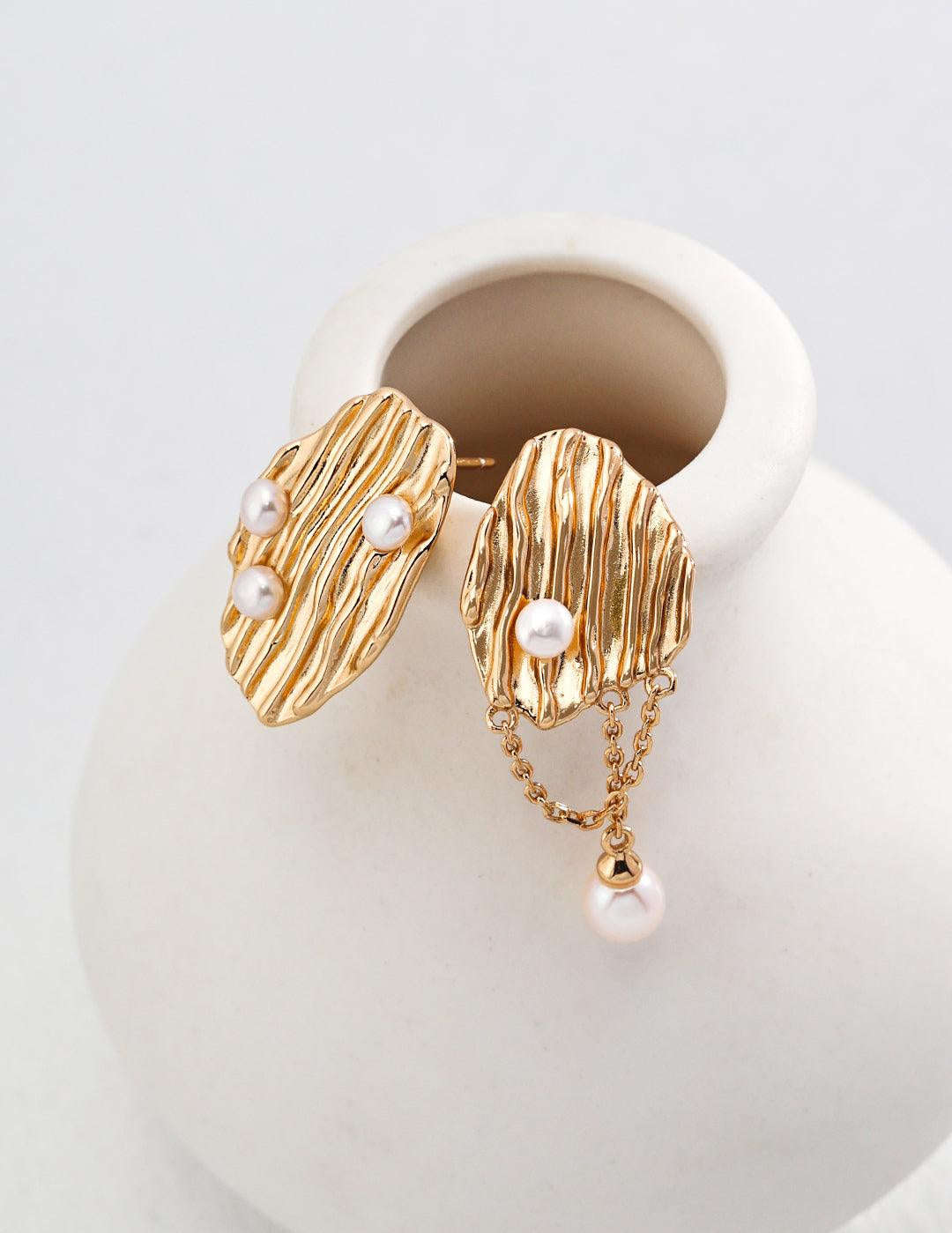 Luxury Irregular 18k Gold Chain Pearl Earrings - Gembea Jewelry