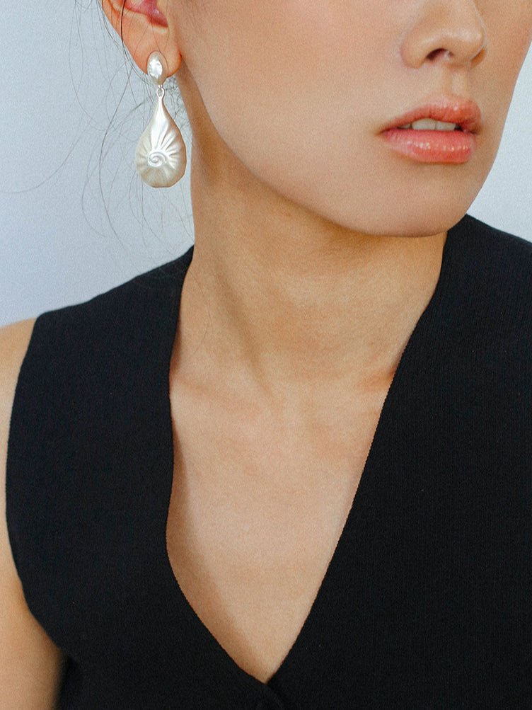 Matte Silver Conch Statement Drop Earrings gembea jewelry