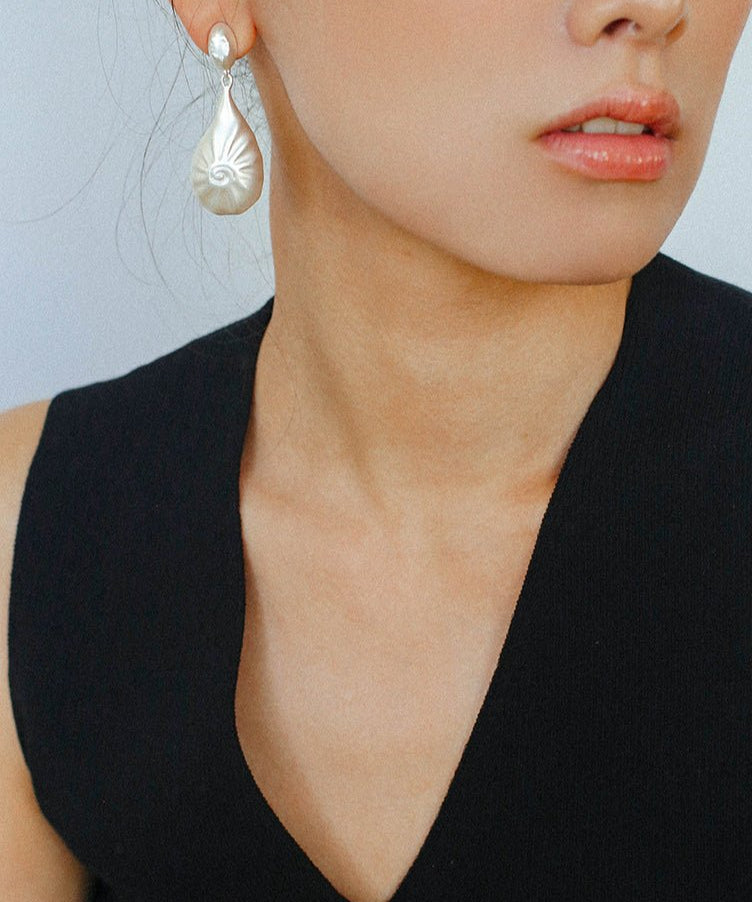 Matte Silver Conch Statement Drop Earrings gembea jewelry