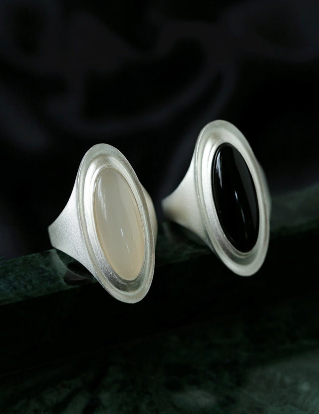 Matte Sterling Silver Grey Black Agate Ring-Gembea Jewelry