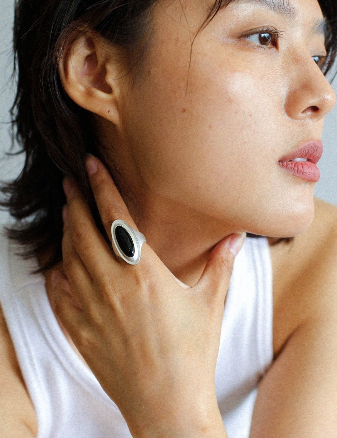 Matte Sterling Silver Grey Black Agate Ring-Gembea Jewelry