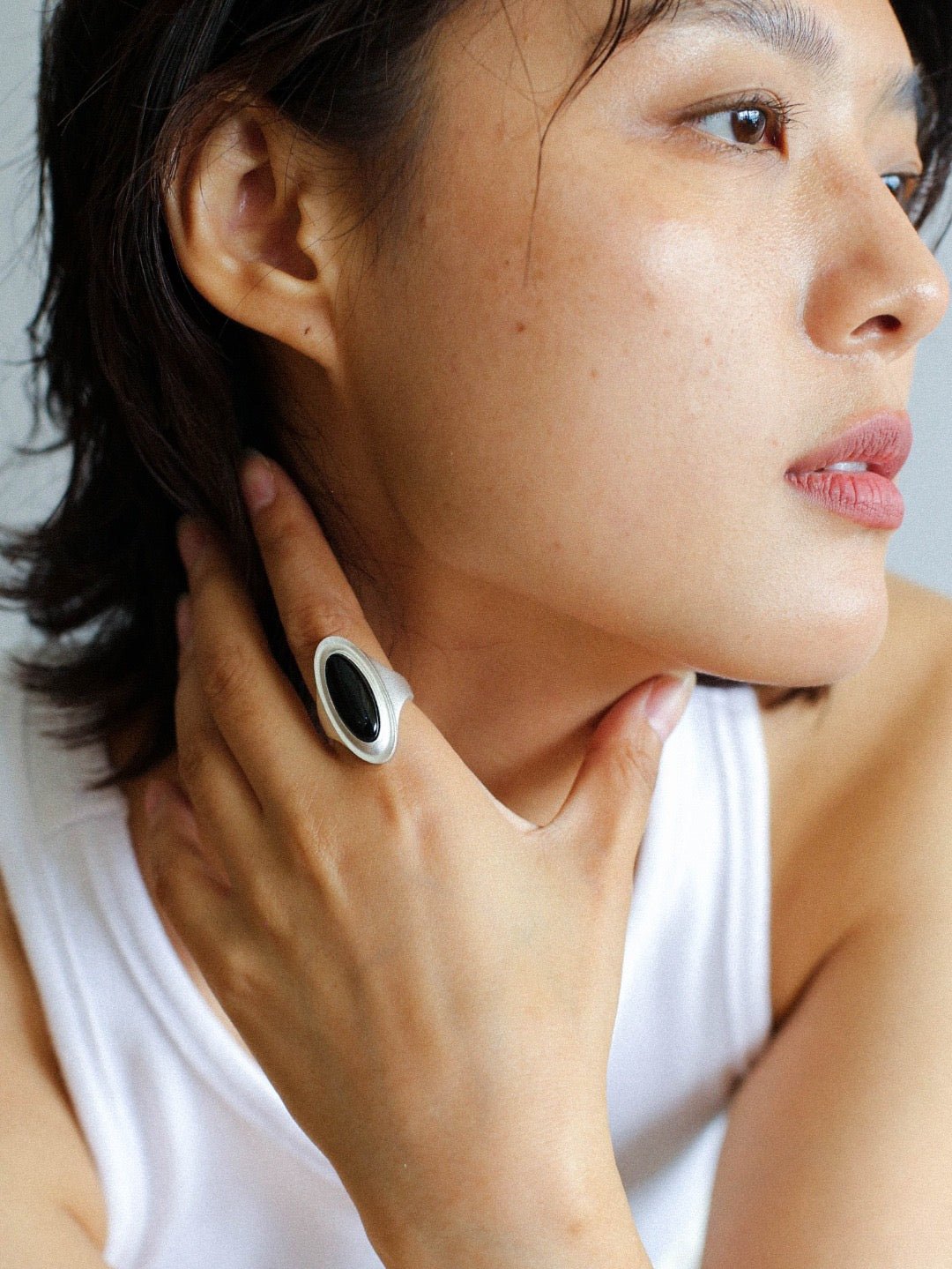 Matte Sterling Silver Grey Black Agate Ring-Gembea Jewelry