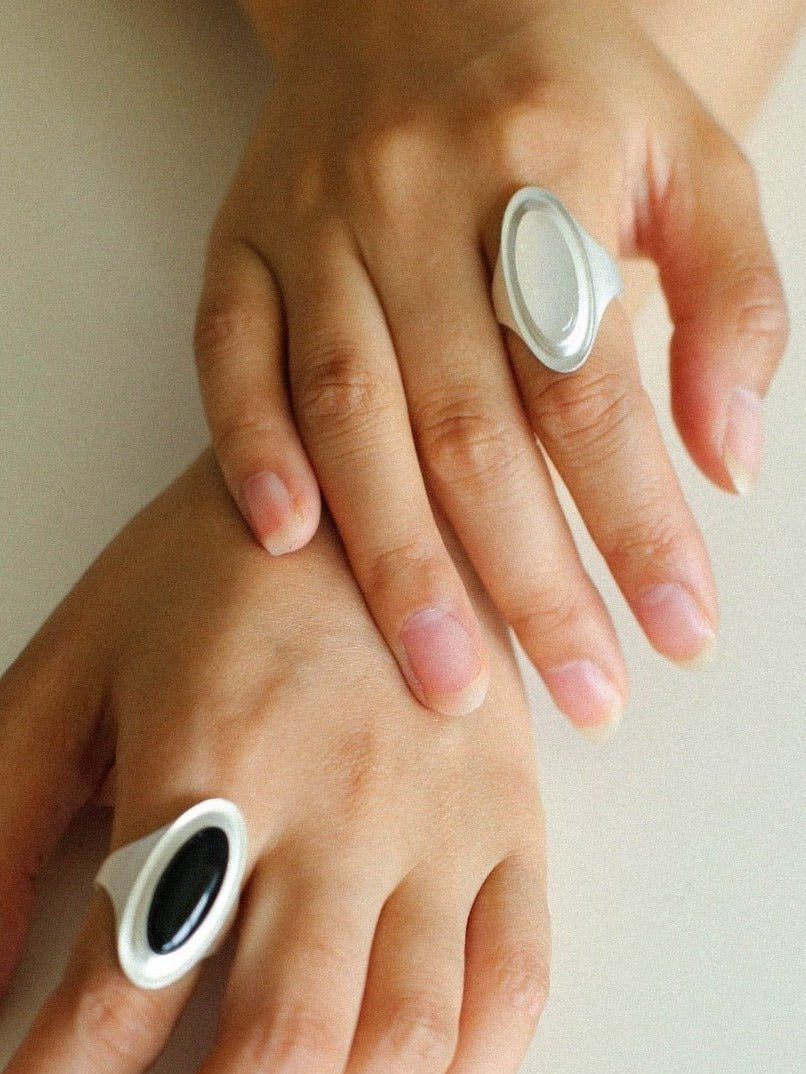 Matte Sterling Silver Grey Black Agate Ring-Gembea Jewelry