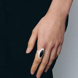 Matte Sterling Silver Grey Black Agate Ring-Gembea Jewelry