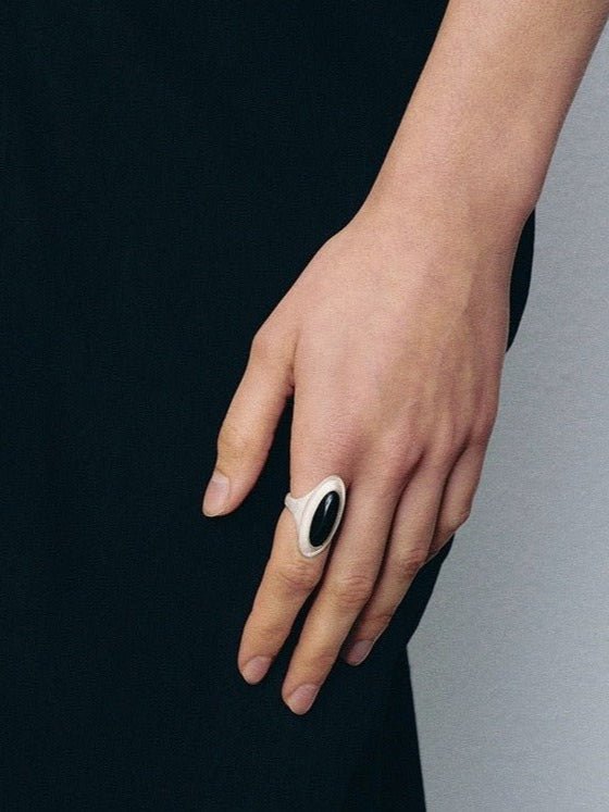 Matte Sterling Silver Grey Black Agate Ring-Gembea Jewelry