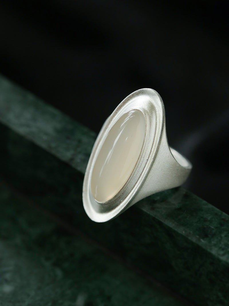 Matte Sterling Silver Grey Black Agate Ring-Gembea Jewelry